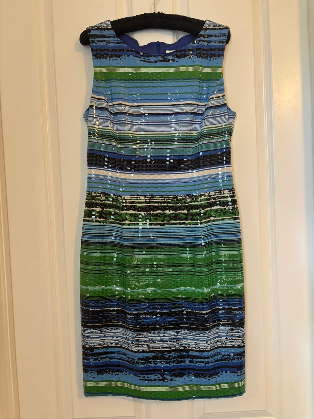 Joseph Ribkoff - Sleeveless Striped Green & Blue Sequin Sheath Dress. Size 8